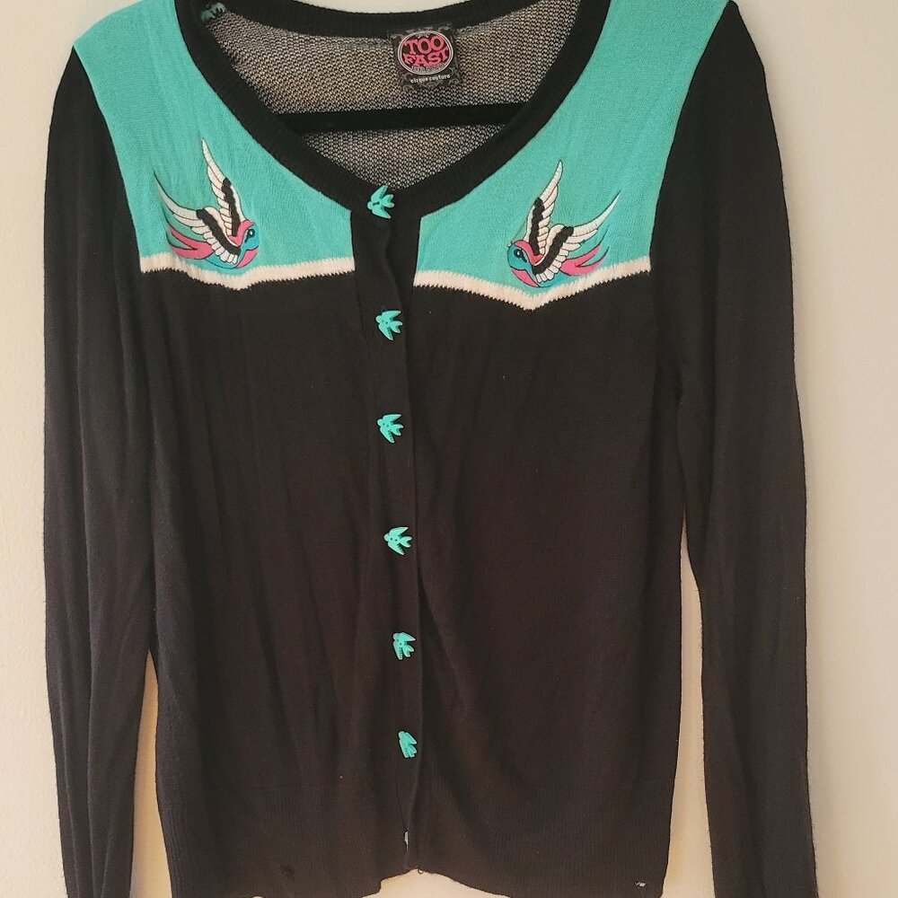 EUC Vintage Too Fast Y2k Swallow Bird Embroidered Cardigan